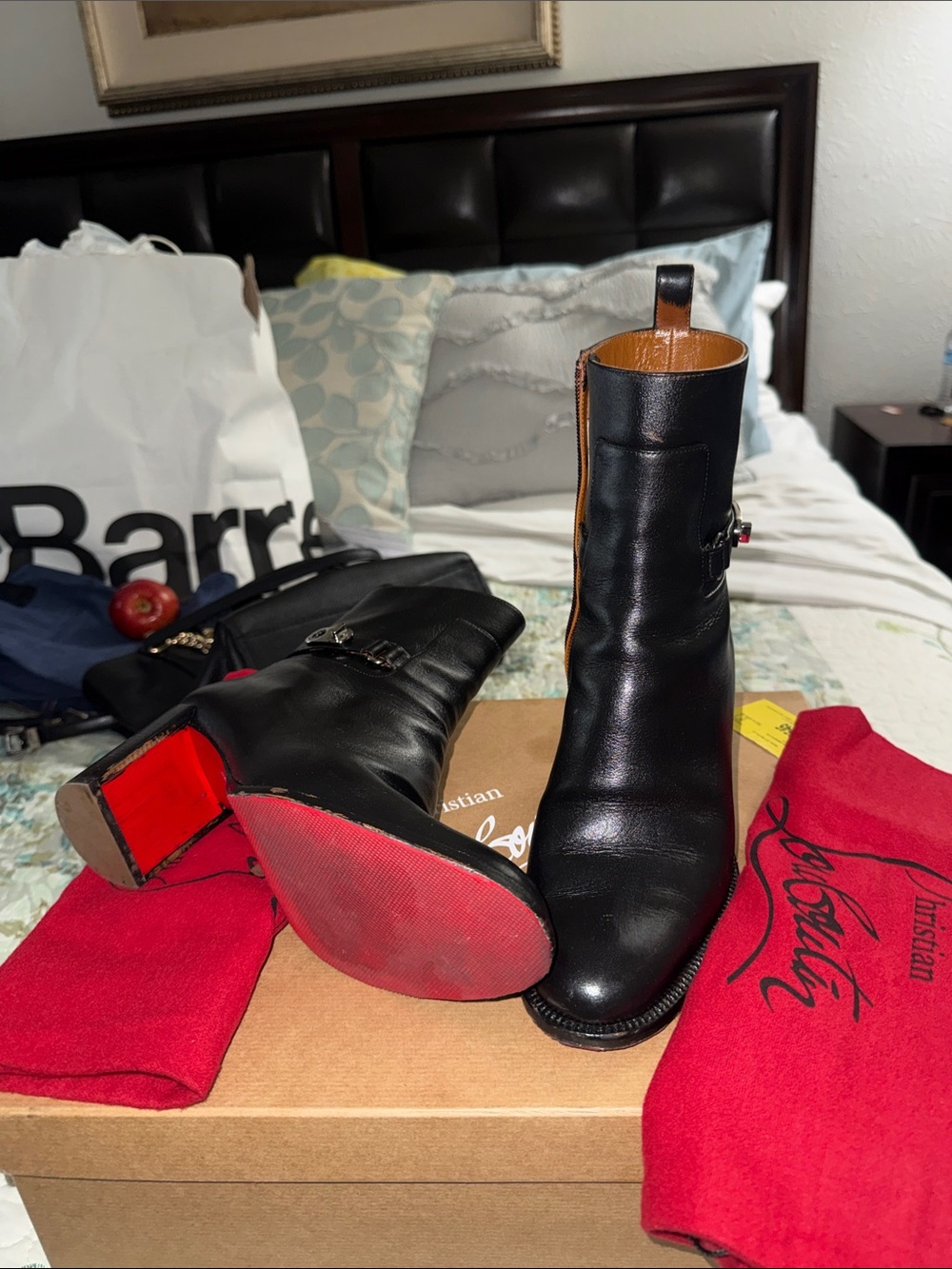 Christian Louboutin Black Leather Ankle Boots with Red Soles